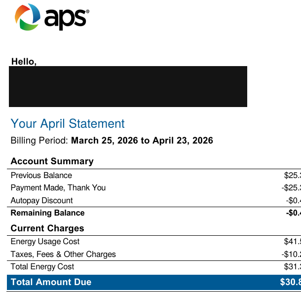 April 2026 utility bill showing $30.86 due, personal details redacted